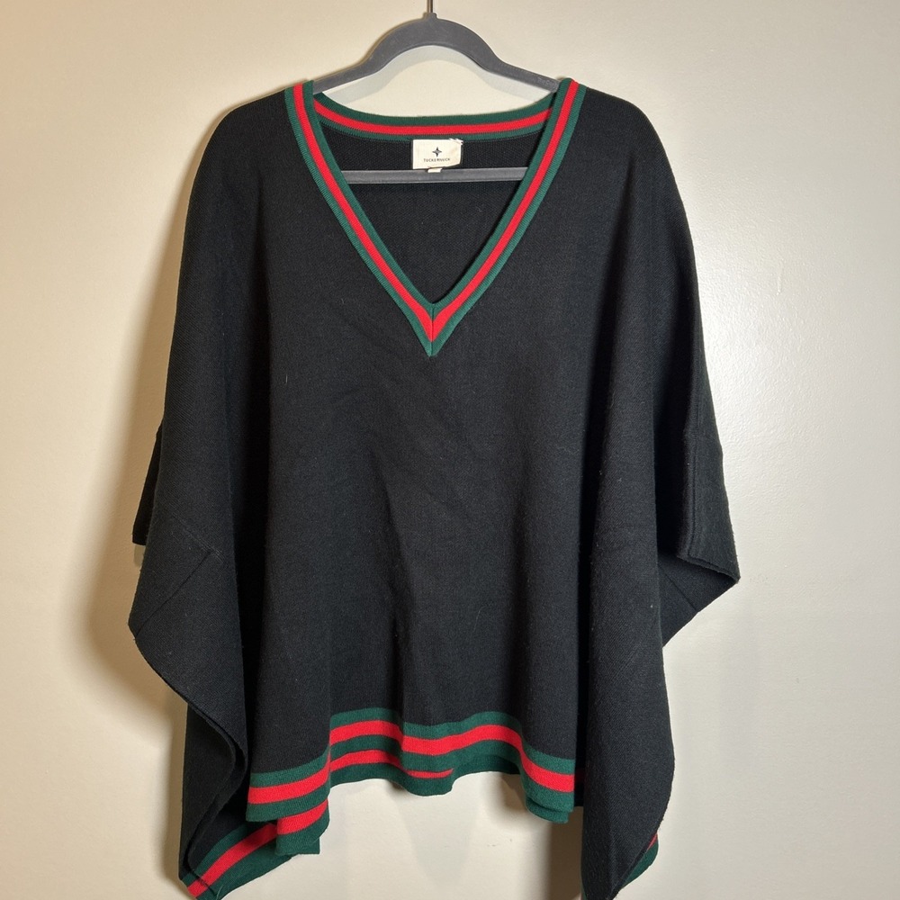 Tuckernuck Women's Poncho OS Black V-neck, womens nautical pullover, short cape